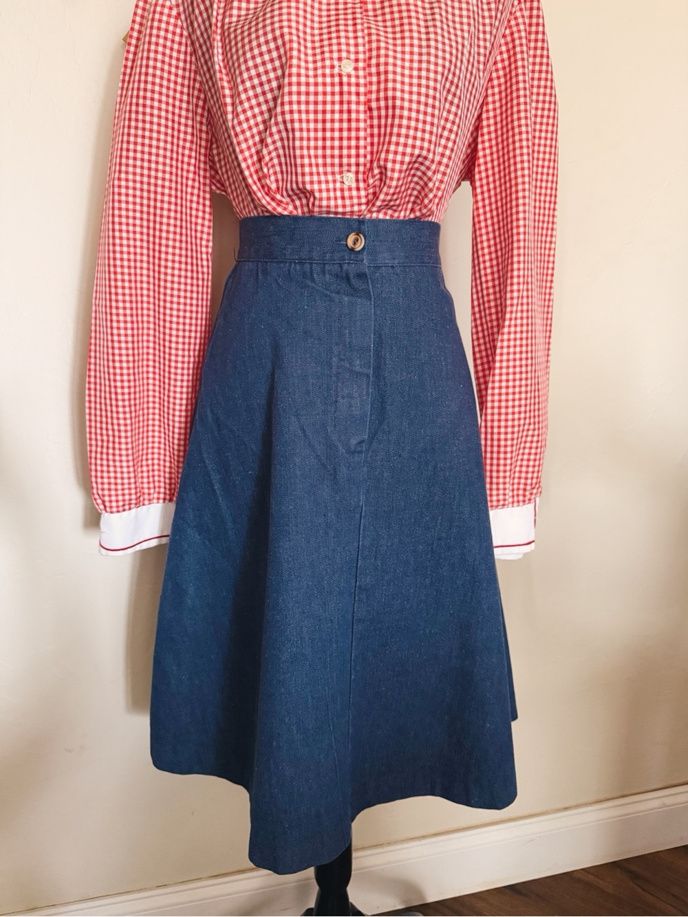 1970s Navy Denim A-Line Midi Skirt